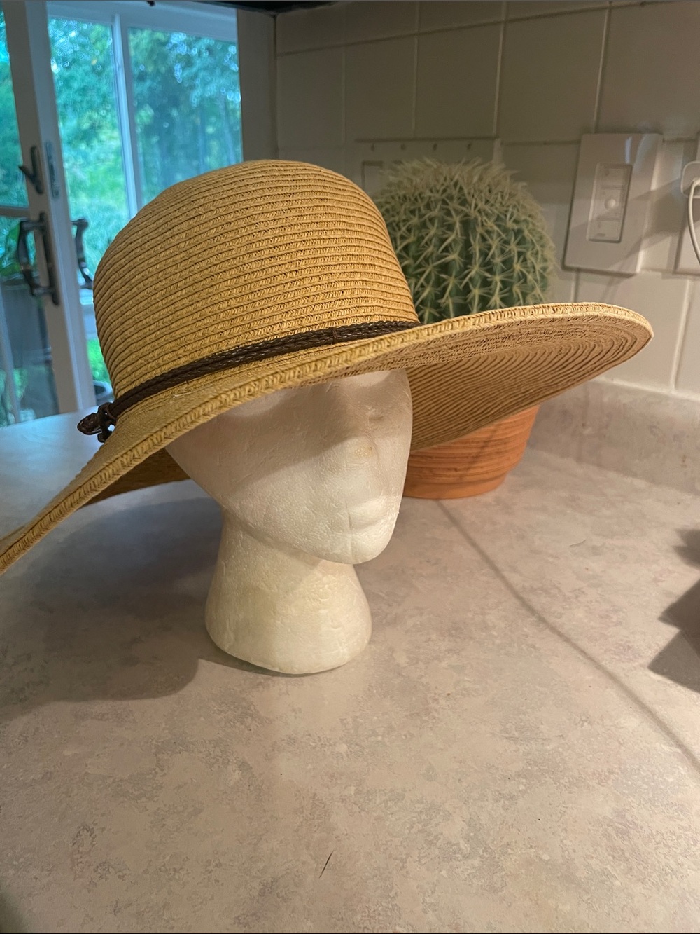 Nine West Wide Brim Straw Sun Hat with Decorative Tie